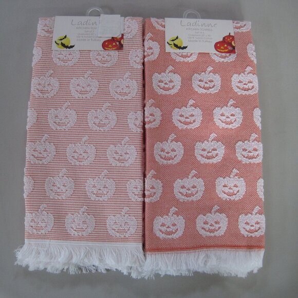 LADINNE SET OF 2 KITCHEN TOWELS HALLOWEEN MOTIF FRINGE 20 X 30 NIP - Picture 1 of 2
